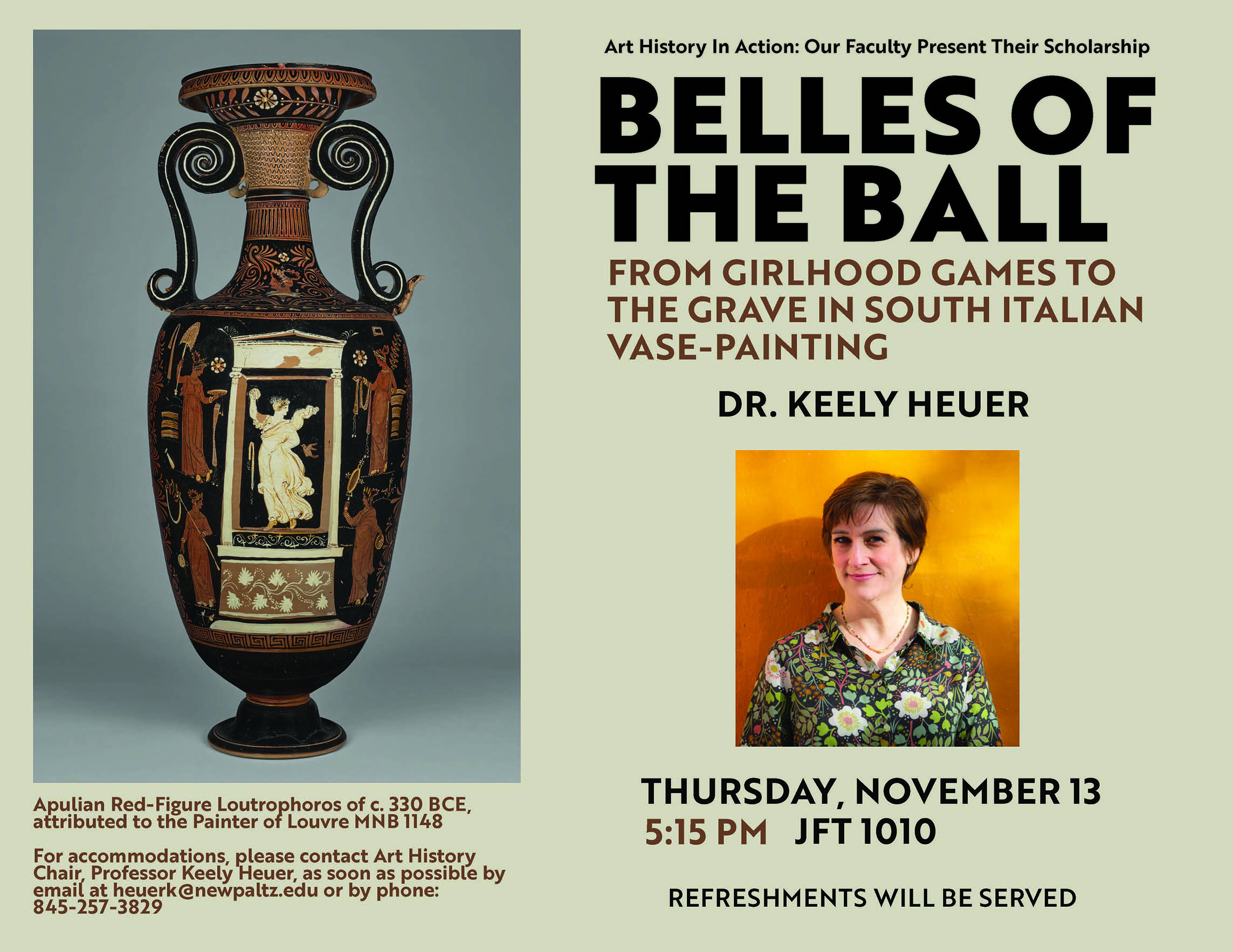 Art History in Action Flyer for talk about South Italian vase painting by Dr. Keely Heuer pictured against a yellow background
